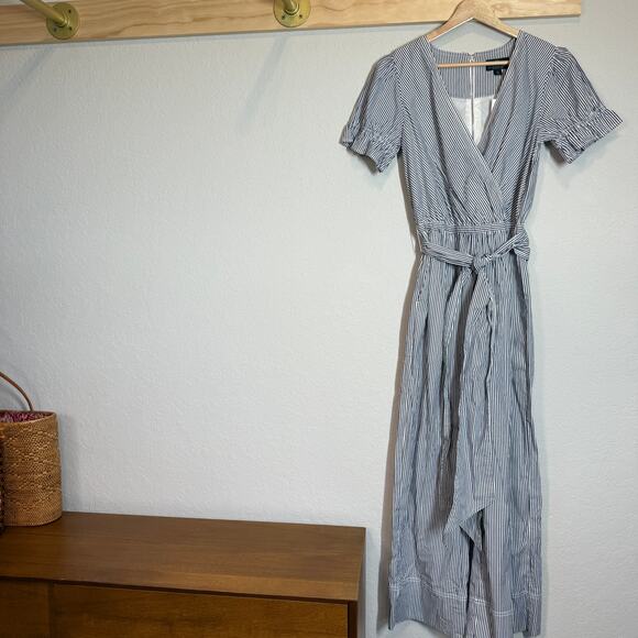 J. Crew Women's Blue Pinstripe Short Sleeve Tie Waist Jumpsuit Size 0 NEW - Picture 6 of 8